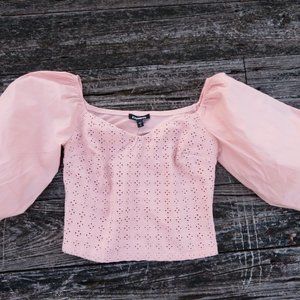 Express Light Pink Peach Eyelet Puff Sleeve Crop Top Size XS Barbie-Style